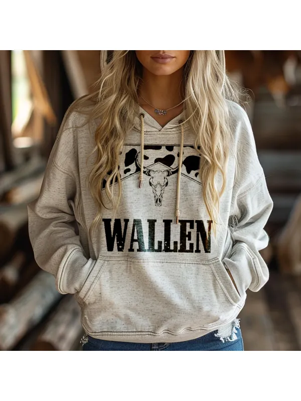 Women's Lettered Western Denim Print Hoodie - Cominbuy.com 