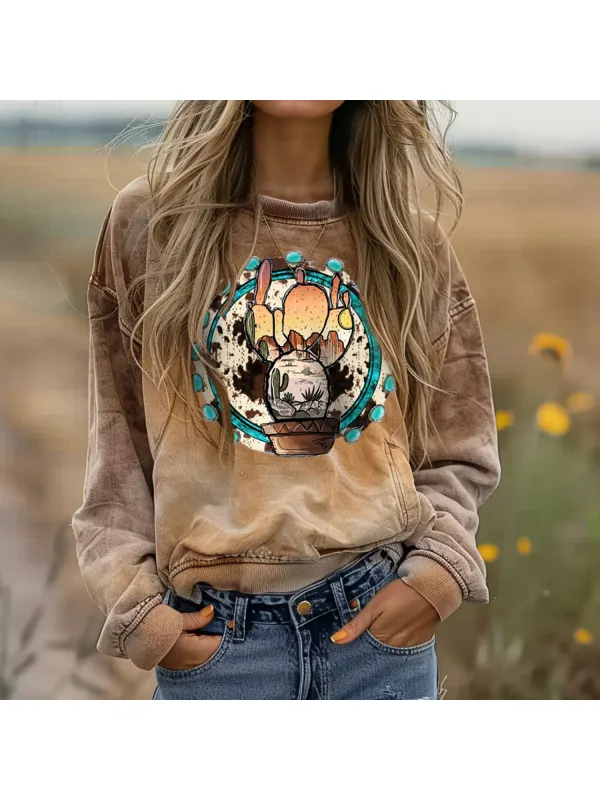 Women's Western Cactus Print Sweatshirt - Cominbuy.com 