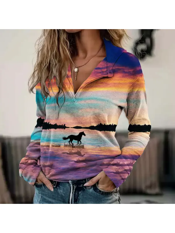 Retro Horse Print Button Sweatshirt - Cominbuy.com 