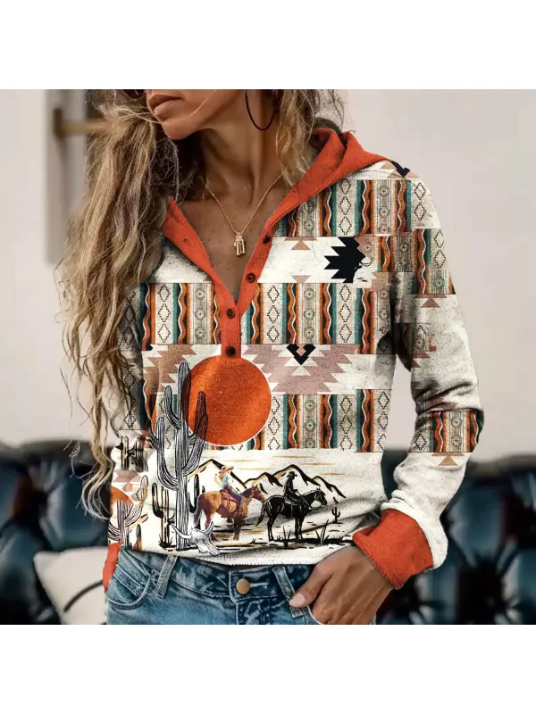 Retro Denim Ethnic Print Hoodie - Cominbuy.com 