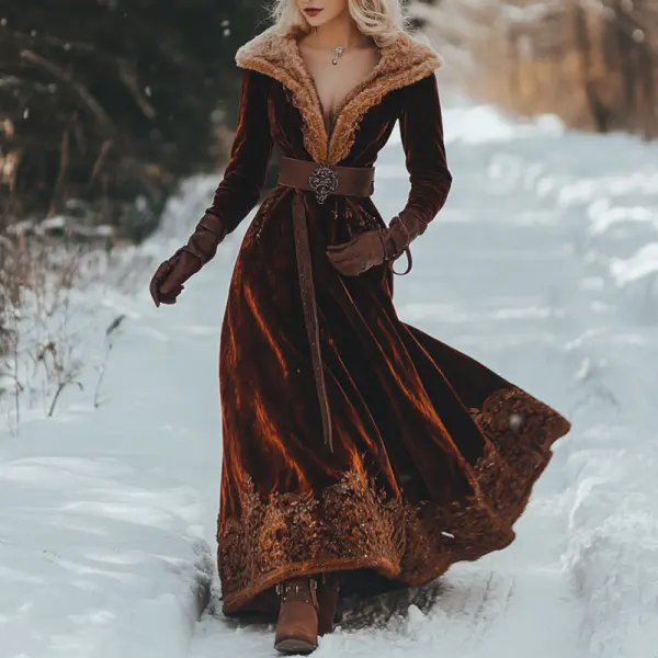 Women's Autumn And Winter Wool Splicing Velvet Long Skirt Elegant Long Sleeve V-neck Tunics Dress - Wayrates.com 