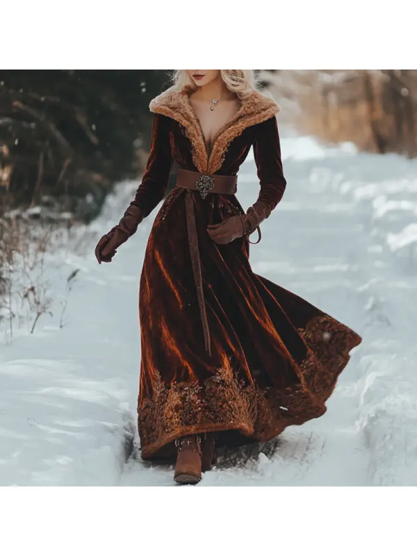 Women's Autumn And Winter Wool Splicing Velvet Long Skirt Elegant Long Sleeve V-neck Tunics Dress - Cominbuy.com 