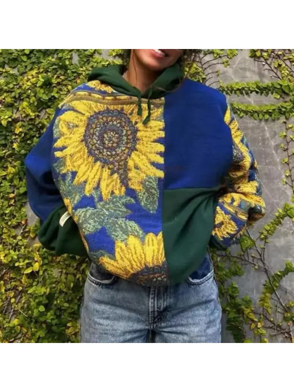 Vintage Sunflower Floral Panel Oversized Hoodie - Realyiyi.com 