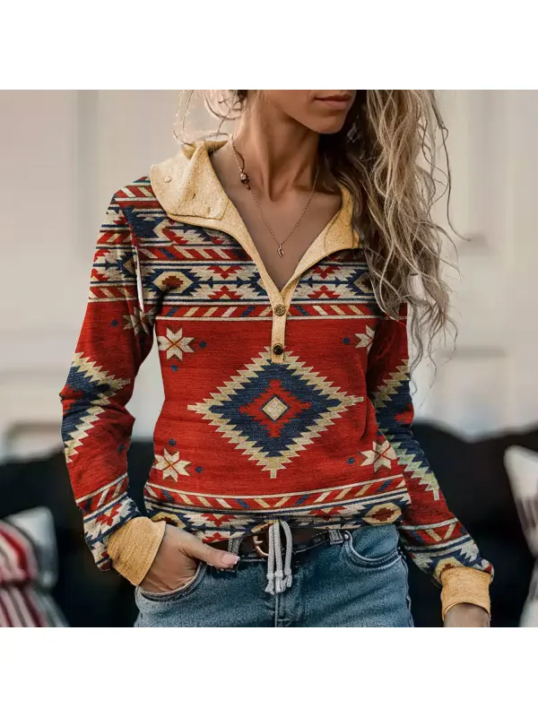 Retro Denim Ethnic Print Button Sweatshirt - Cominbuy.com 