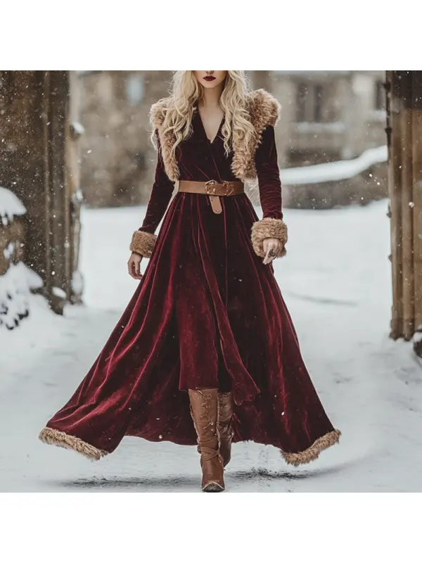 Women's Autumn And Winter Wool Splicing Ancora Velvet Long Skirt Elegant V-neck Long Sleeve Tunics Dress - Anrider.com 