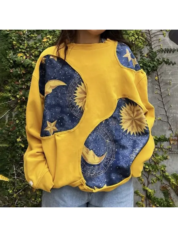 Retro Sun And Moon Patchwork Oversized Hoodie - Cominbuy.com 