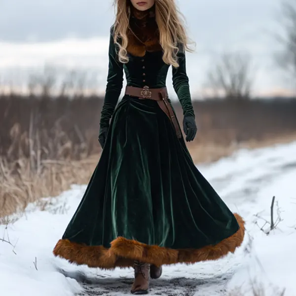 Women's Autumn And Winter Fox Fur Splicing Velvet Long Skirt Elegant Long Sleeve Dress - Spiretime.com 