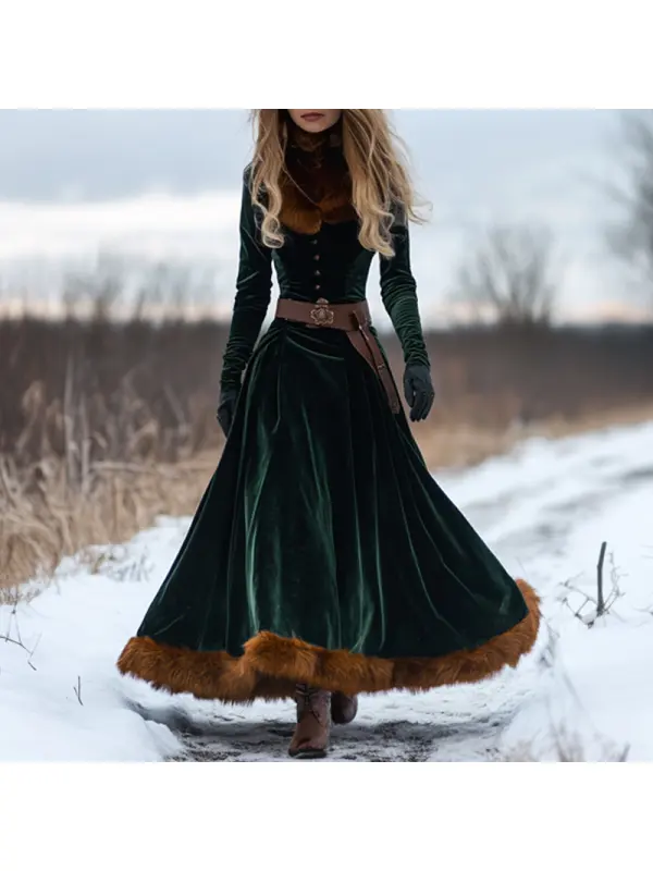 Women's Autumn And Winter Fox Fur Splicing Velvet Long Skirt Elegant Long Sleeve Dress - Realyiyi.com 