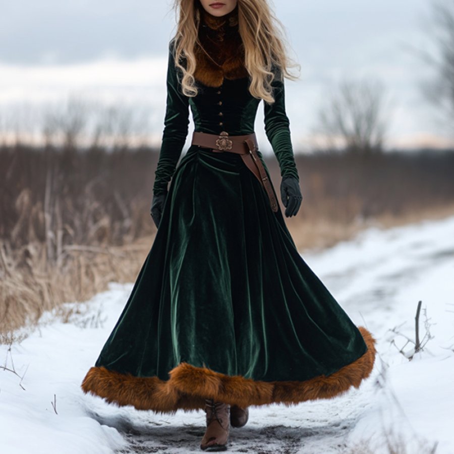 

Women's Autumn And Winter Fox Fur Splicing Velvet Long Skirt Elegant Long Sleeve Dress