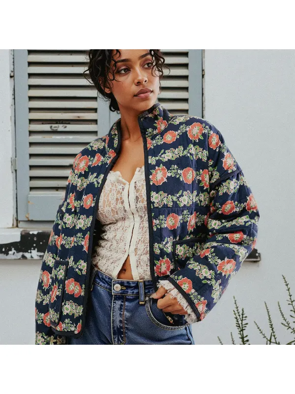 Ladies Quilted Cotton Printed Contrast Color Cotton Jacket - Cominbuy.com 