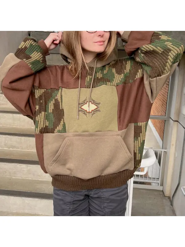 Women's Retro Loose Patchwork Hoodie - Cominbuy.com 