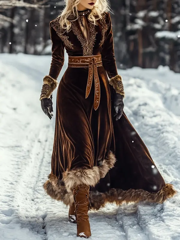 Women's Autumn And Winter Wool Splicing Velvet Long Skirt Elegant Long Sleeve Tunics Dress - Wantbright.com 