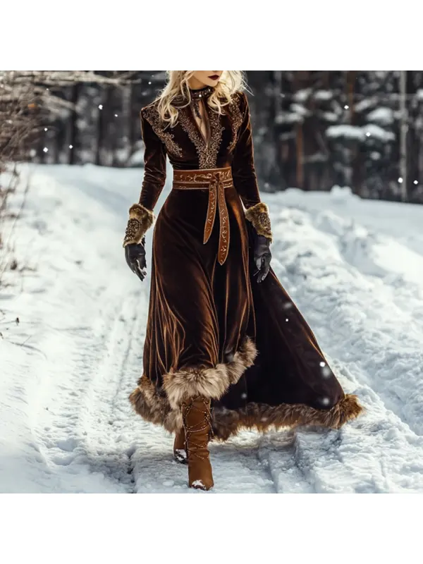 Women's Autumn And Winter Wool Splicing Velvet Long Skirt Elegant Long Sleeve Tunics Dress - Timetomy.com 