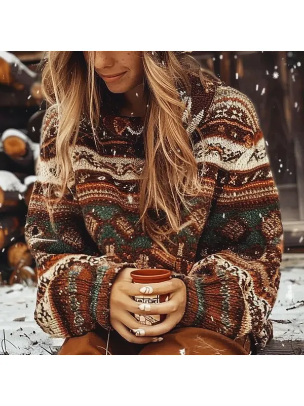 Retro Ethnic Print Sweater - Viewbena.com 