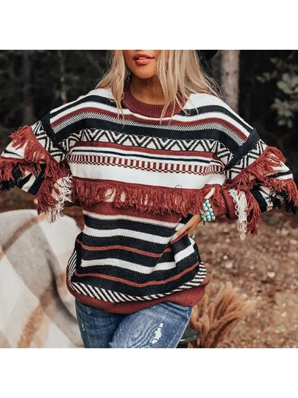 Women's Vintage Ethnic Striped Knit Sweater - Cominbuy.com 