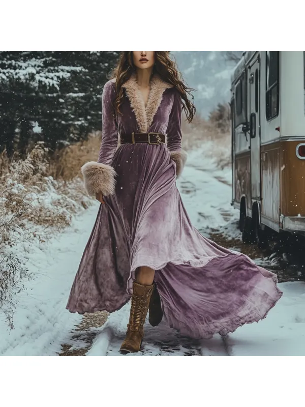 Western Classic Autumn And Winter Velvet Warm Plush Retro Long Sleeve Temperament Dress - Realyiyi.com 