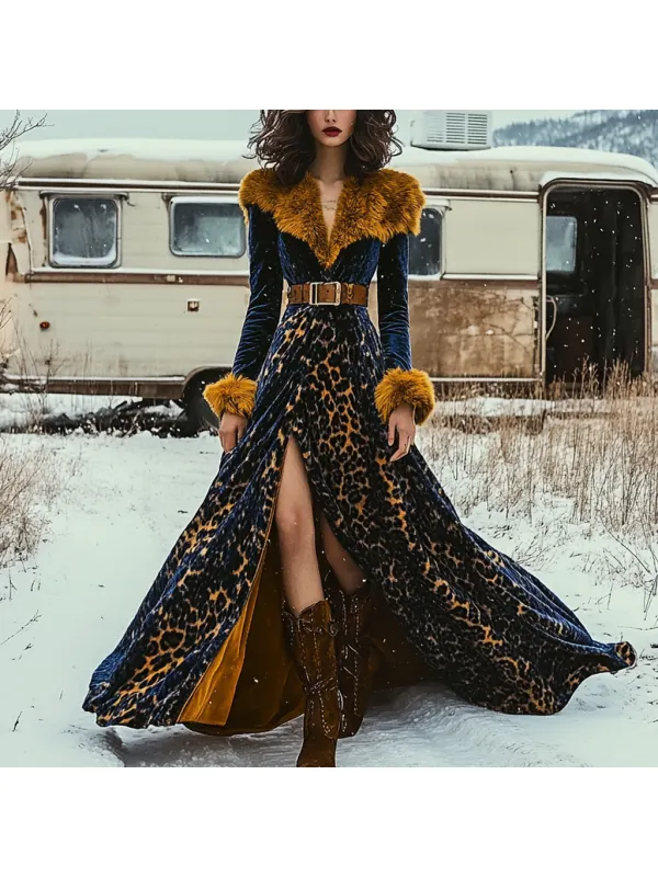 Western Classic Autumn And Winter Velvet Warm Plush Retro Long Sleeve Temperament Dress - Cominbuy.com 