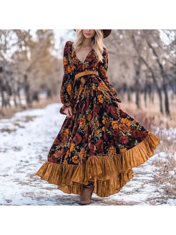 Western Classic Autumn And Winter Velvet Warm Retro Floral Stitching Long Sleeve Temperament Dress - Realyiyi.com 