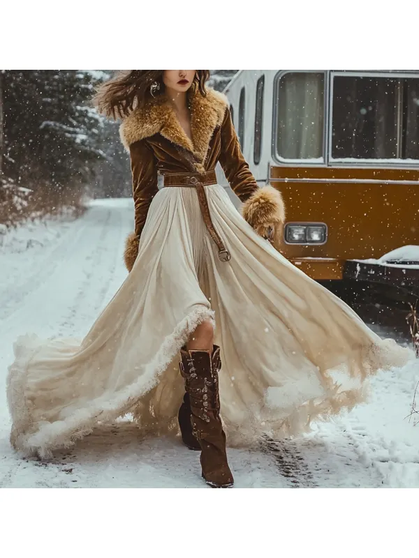 Western Classic Autumn And Winter Velvet Warm Plush Retro Long Sleeve Temperament Dress - Viewbena.com 