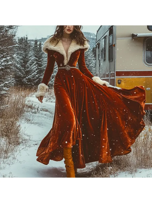 Western Classic Autumn And Winter Velvet Warm Plush Retro Long Sleeve Temperament Dress - Viewbena.com 