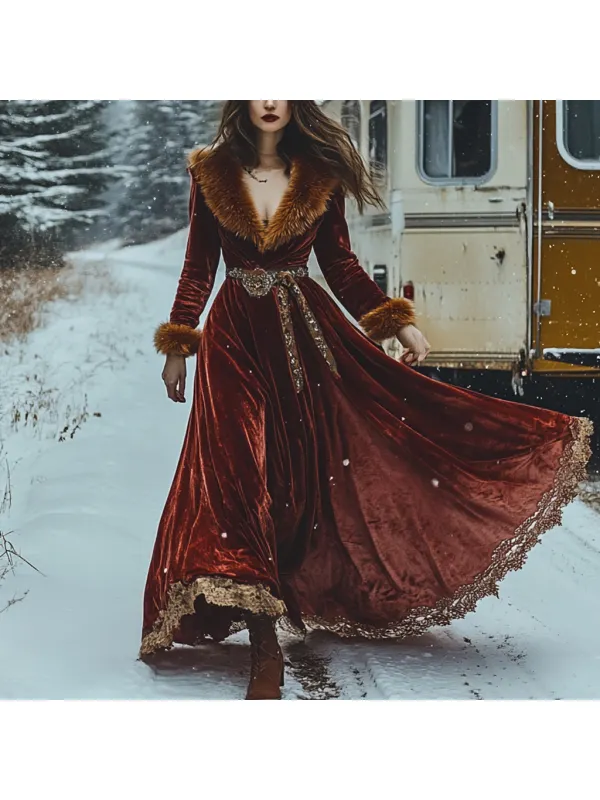 Western Classic Autumn And Winter Velvet Warm Plush Retro Long Sleeve Temperament Dress - Realyiyi.com 