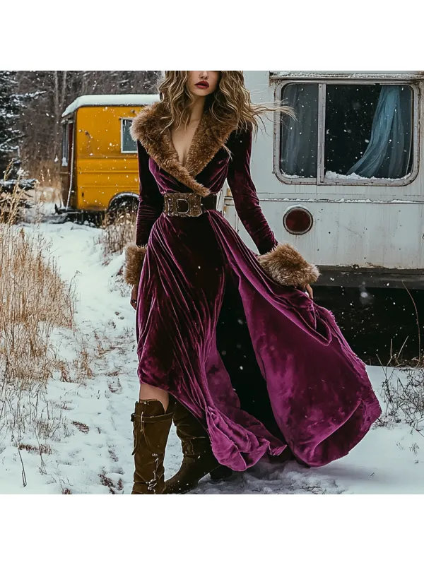 Western Classic Autumn And Winter Velvet Warm Plush Retro Long Sleeve Temperament Dress - Viewbena.com 