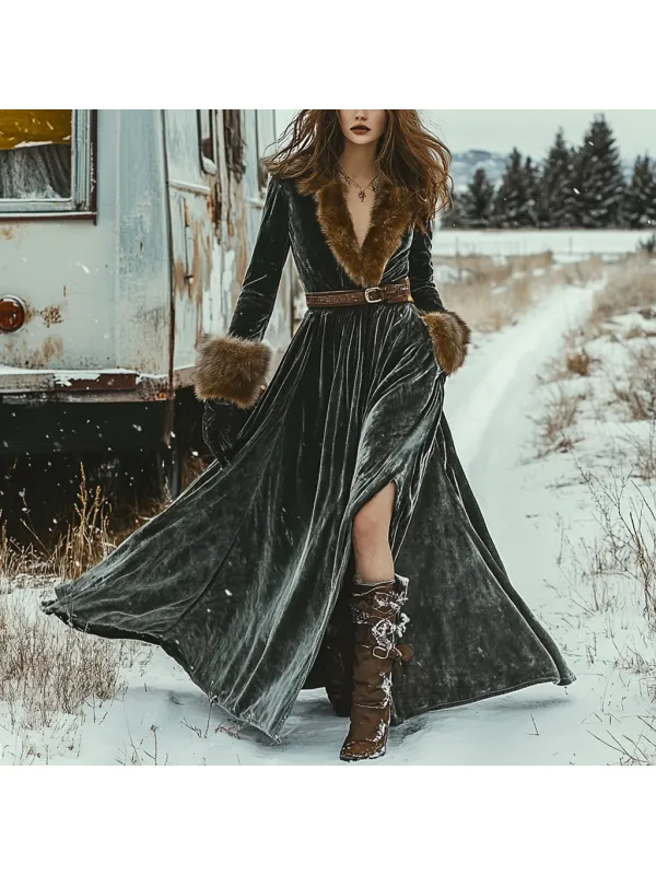 Western Classic Autumn And Winter Velvet Warm Plush Retro Long Sleeve Temperament Dress - Viewbena.com 