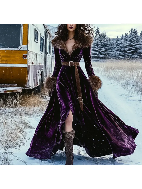 Western Classic Autumn And Winter Velvet Warm Plush Retro Long Sleeve Temperament Dress - Viewbena.com 