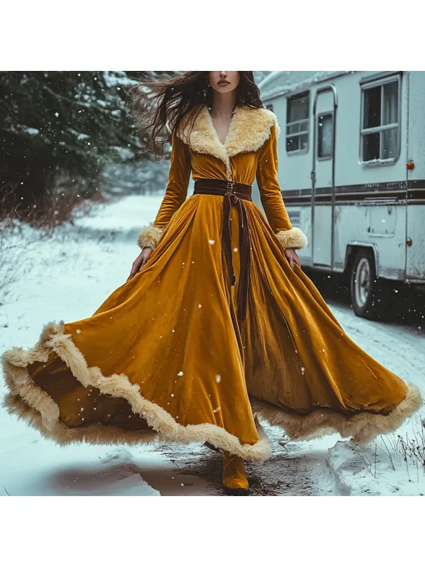 Western Classic Autumn And Winter Velvet Warm Plush Retro Long Sleeve Temperament Dress - Realyiyi.com 