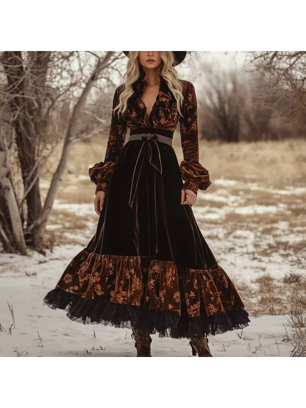 Western Classic Autumn And Winter Velvet Warm Retro Floral Stitching Long Sleeve Temperament Dress - Realyiyi.com 