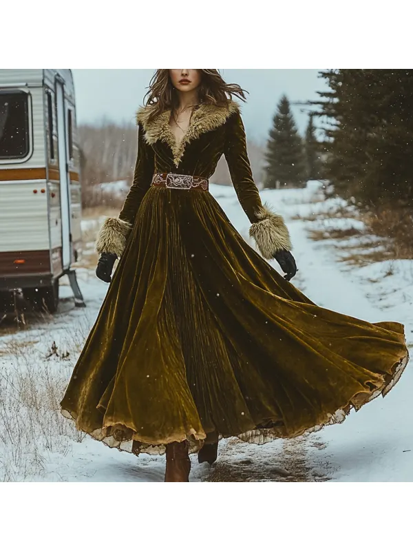 Western Classic Autumn And Winter Velvet Warm Plush Retro Long Sleeve Temperament Dress - Viewbena.com 