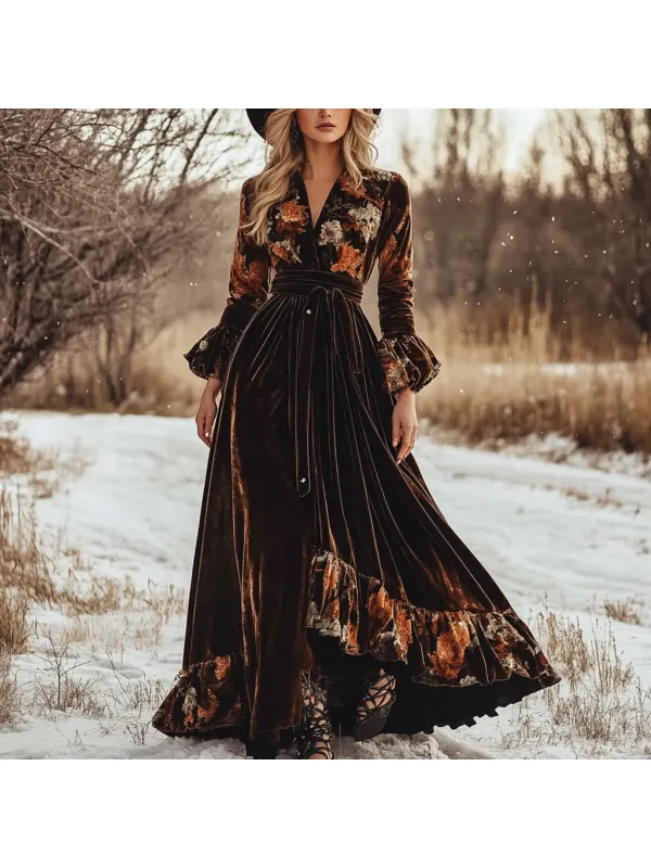 Western Classic Autumn And Winter Velvet Warm Retro Floral Stitching Long Sleeve Temperament Dress - Cominbuy.com 