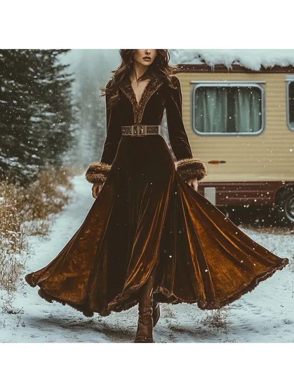 Western Classic Autumn And Winter Velvet Warm Plush Retro Long Sleeve Temperament Dress - Viewbena.com 