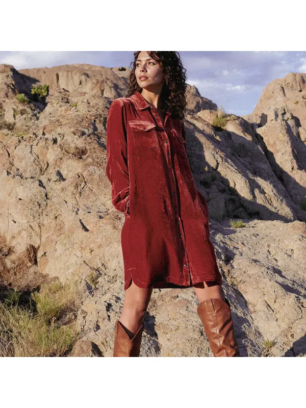 Women's Velvet Long Sleeve Dress - Cominbuyshop.com 