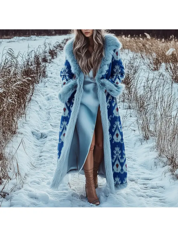 Women's Velvet Print Oversize Retro Casual Fur Collar Long Coat - Cominbuy.com 