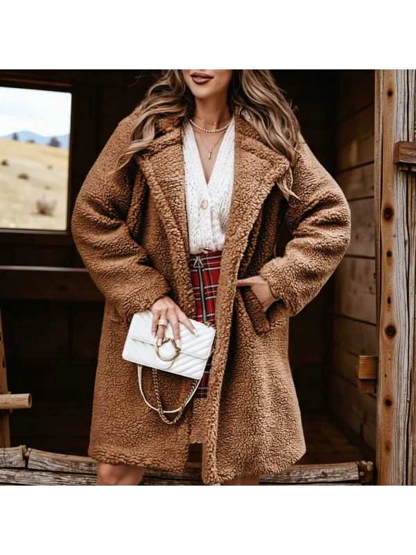 Women's Fur Long Sleeve Lapel Plush Coat - Cominbuy.com 