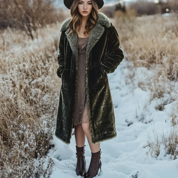 Women's Velvet Oversize Retro Casual Fur Collar Long Coat - Zivinfo.com 