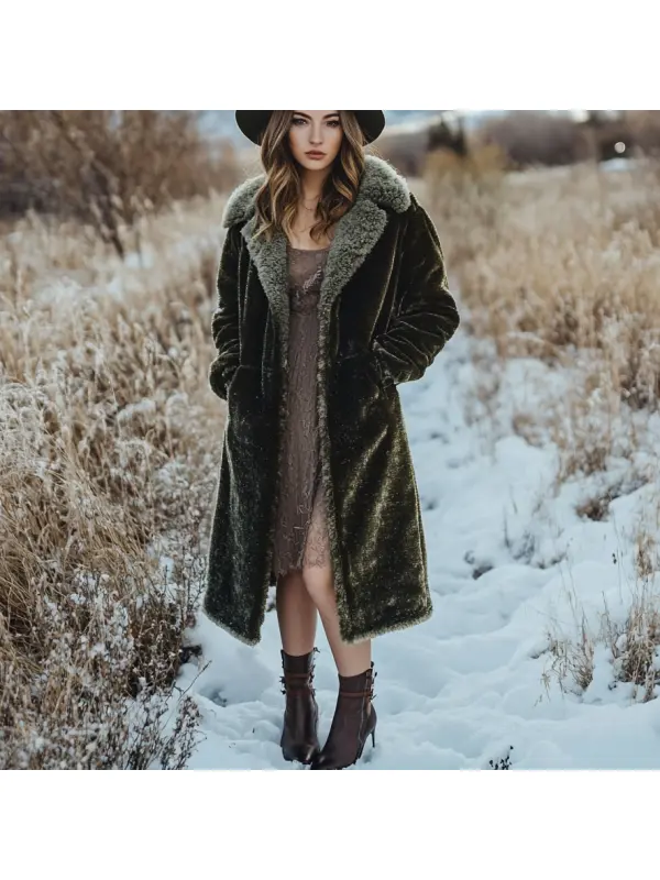 Women's Velvet Oversize Retro Casual Fur Collar Long Coat - Cominbuy.com 