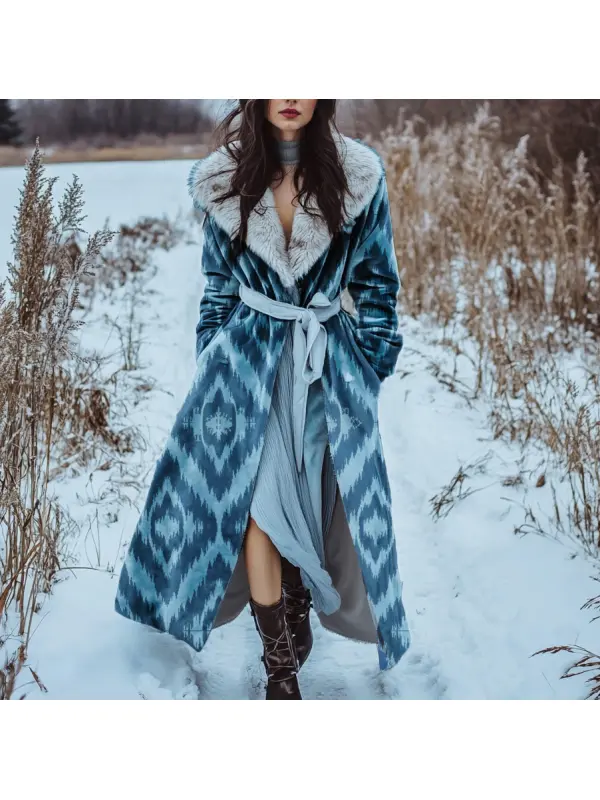 Women's Velvet Print Oversize Retro Casual Fur Collar Long Coat - Cominbuy.com 