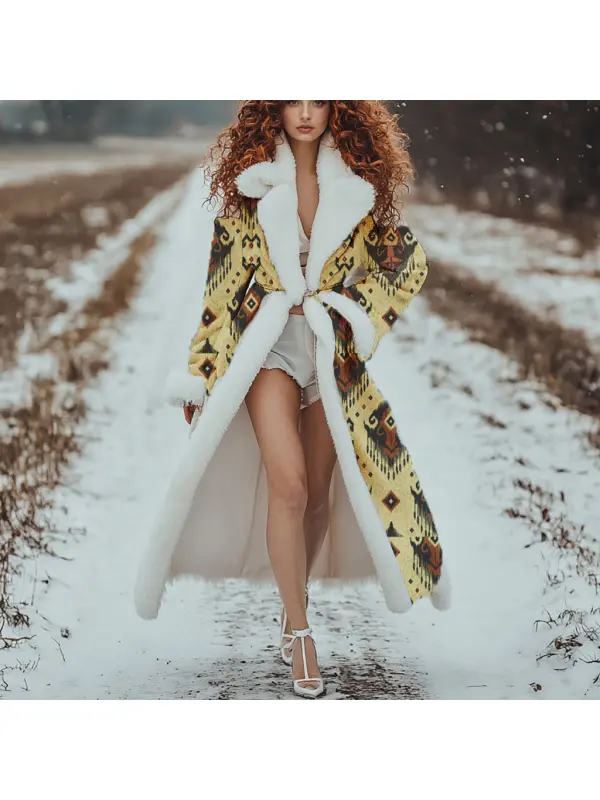 Women's Velvet Print Oversize Retro Casual Fur Collar Long Coat - Cominbuy.com 