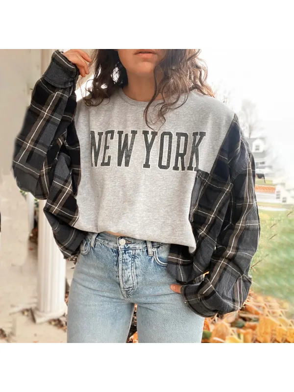Retro New York Print Plaid Patchwork Crew Neck Sweatshirt - Cominbuy.com 
