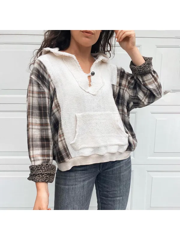 Resort Plaid Patchwork Button Pocket Sweatshirt - Cominbuy.com 