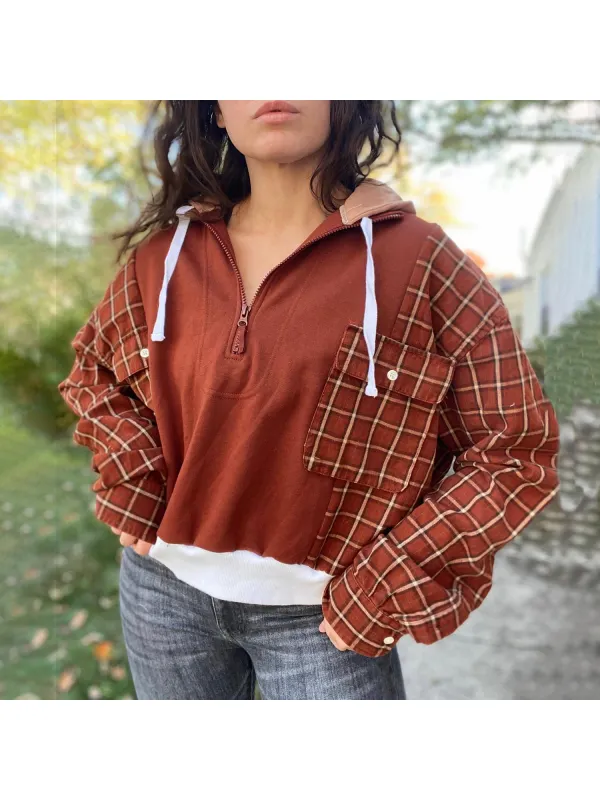 Women's Resort Check Patch Pocket Hoodie - Realyiyi.com 