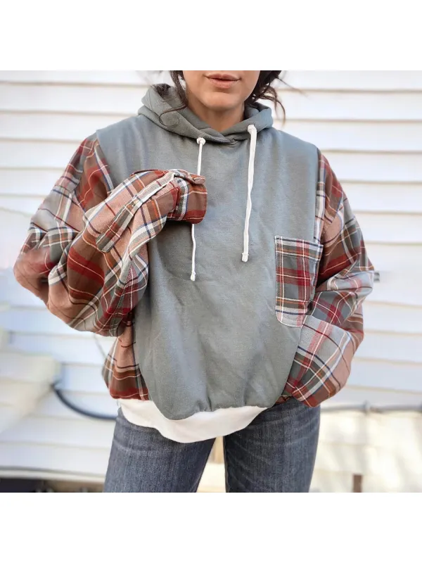 Vacation Retro Plaid Patchwork Pocket Hoodie - Cominbuy.com 