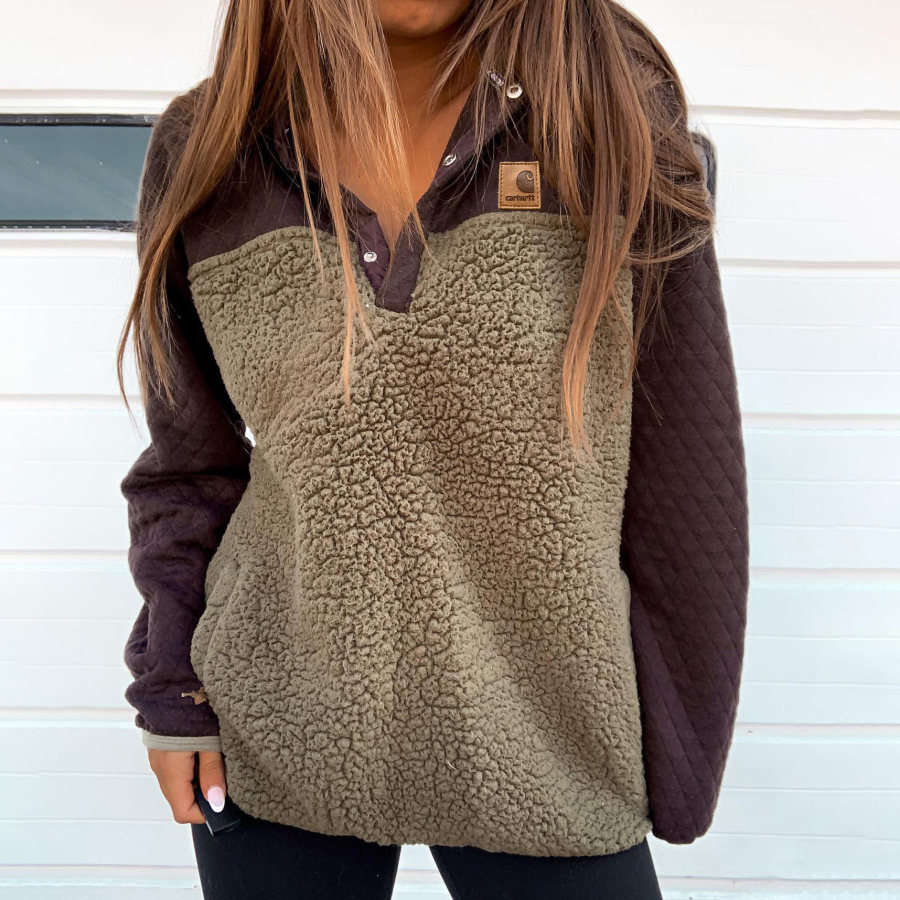 

Polo Neck Patchwork Plush Sweatshirt