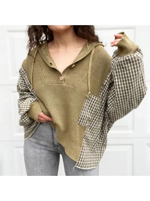 Women's Retro Plaid Patchwork Button Sweatshirt - Cominbuy.com 