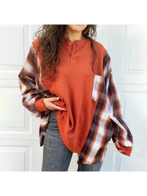 Women's Resort Plaid Patchwork Pocket Sweatshirt - Cominbuy.com 