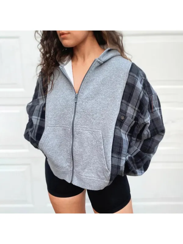 Women's Vintage Plaid Patchwork Hooded Jacket - Cominbuy.com 