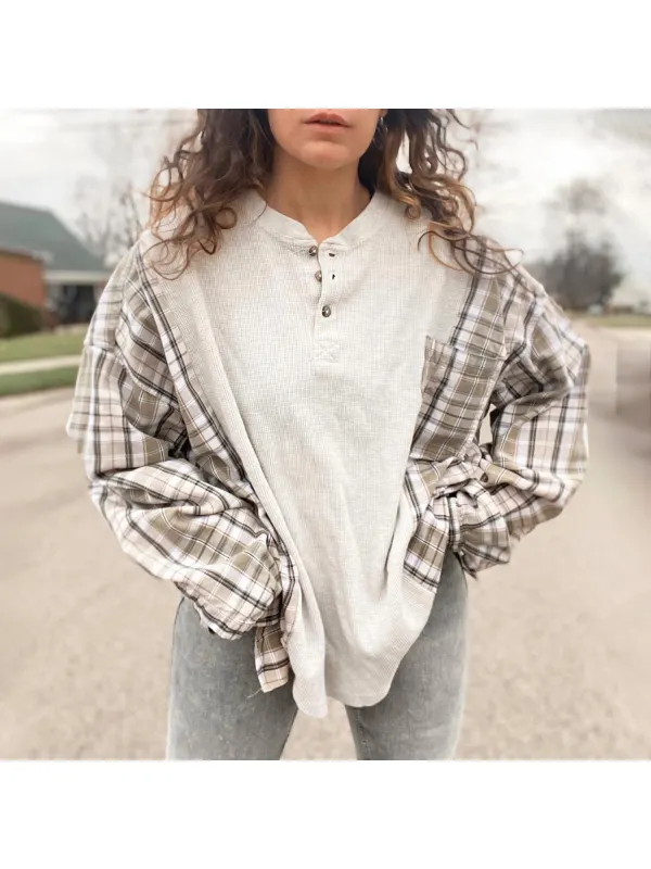 Women's Retro Plaid Patchwork Buttoned Round Neck Sweatshirt - Cominbuy.com 