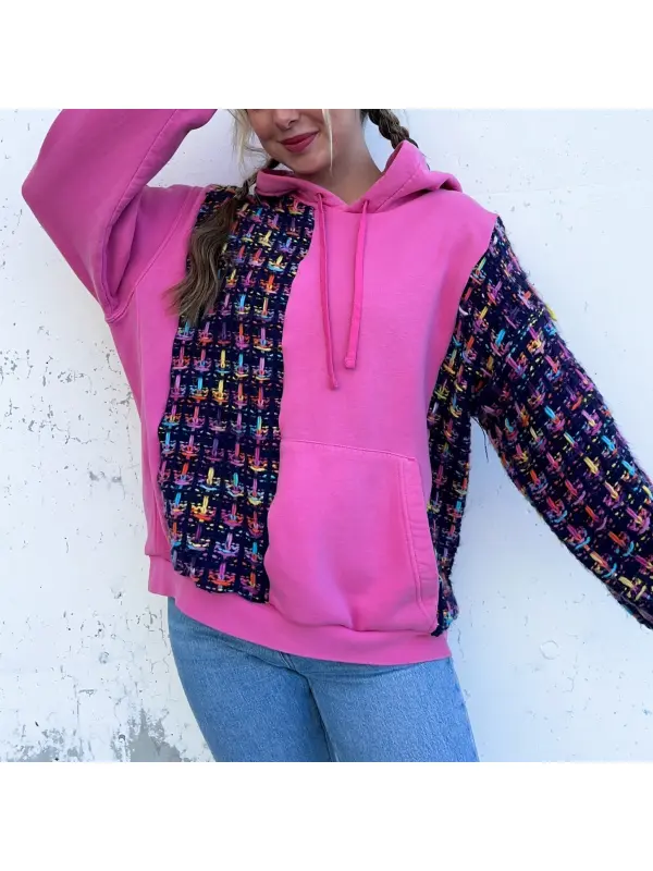 Women's Pink Patchwork Hooded Sweatshirt - Cominbuy.com 
